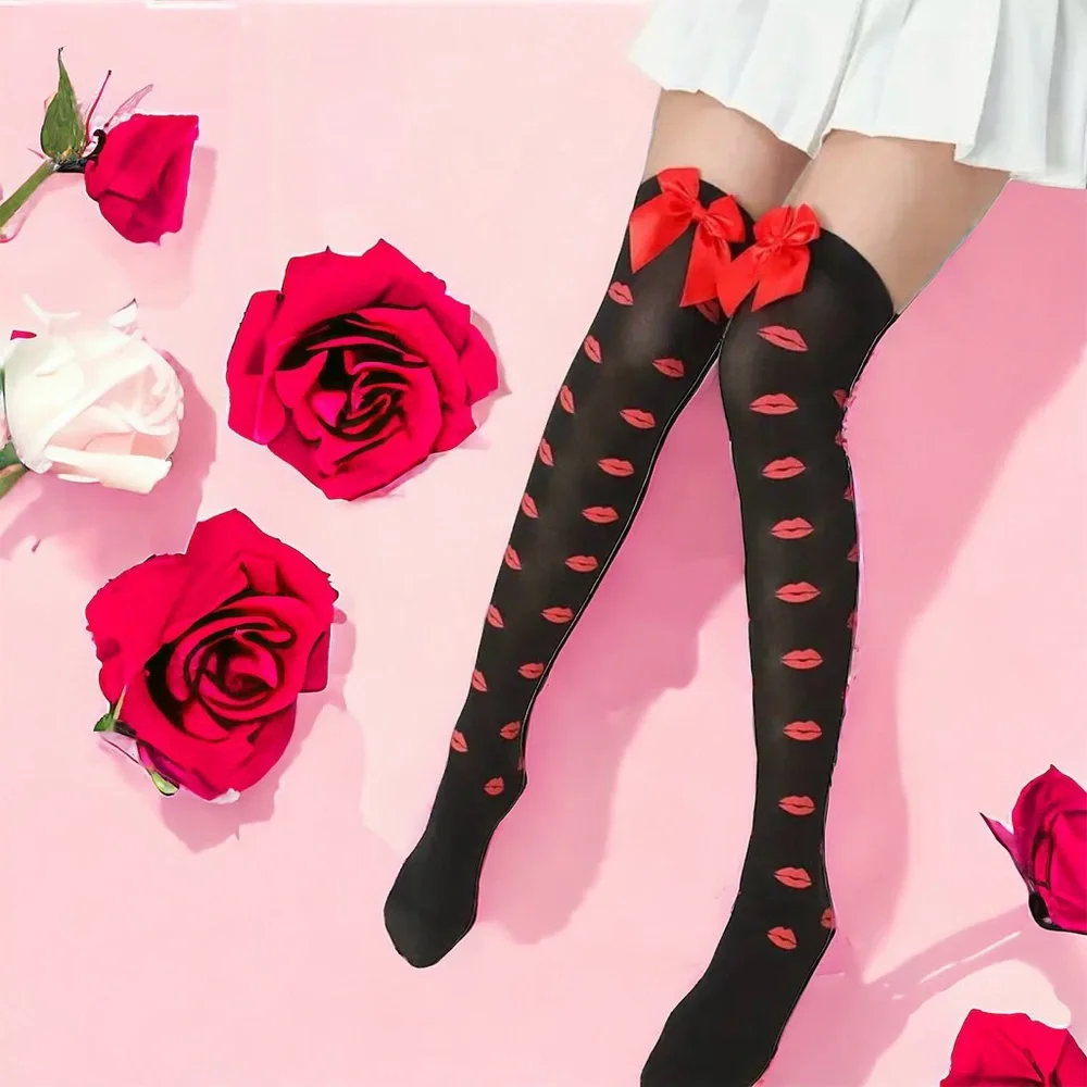 Lips Kiss Mesh Thigh High Stockings Bow Decor Valentines Day Over The Knee Socks